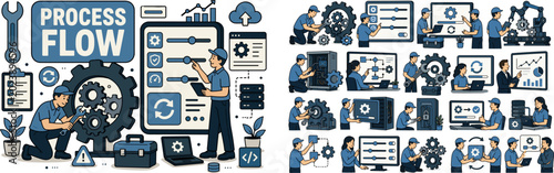 Process Support Settings banner, clean focused system maintenance scene with two technicians beside a large oversized gear mechanism and a large settings slider console, one character installing