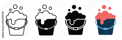 Set of four cleaning bucket icons featuring soapy water foam bubbles in outline filled solid and flat color styles for professional design work