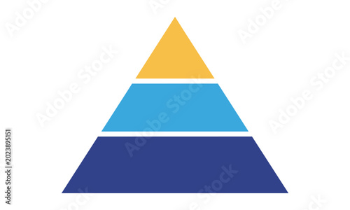 Modern three level pyramid chart with saffron sky blue and indigo segments separated by white lines on a white background minimal business concept