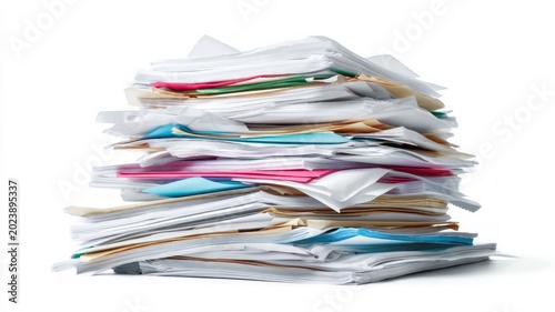 Stack of colorful documents on white background. Artificial intelligence image
