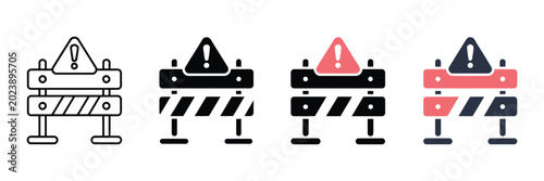 Road construction barrier icons set featuring warning signs and striped safety barricades in various graphic styles for site safety