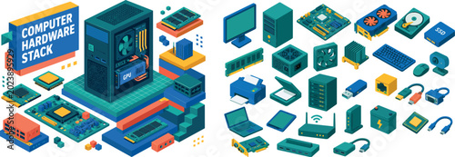 Computer Hardware Stack , oversized desktop tower unit with bold geometric depth, floating circuit boards and layered platform slabs with grid surfaces, asymmetric editorial composition, deep teal and