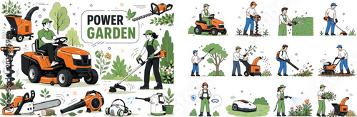 Gardening Power Tools. Clean editorial banner scene about solid garden power equipment with two geometric gardeners maintaining plants beside an oversized riding lawn mower and electric trimmer,