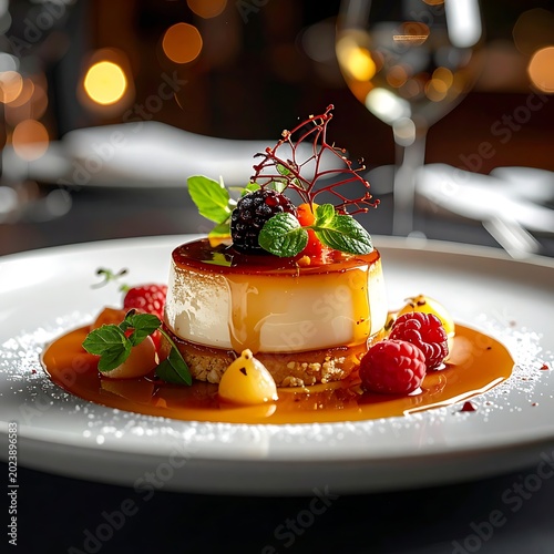 Delicious dessert with caramel sauce and berries.