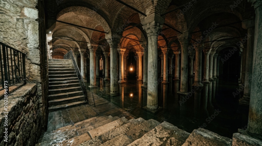 Fototapeta premium Ancient Underground Cistern with Arches and Columns, Illuminated by Light.