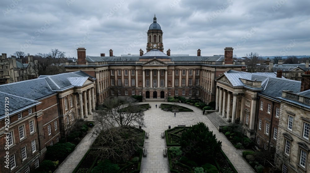 Fototapeta premium Grand historical university courtyard architecture under cloudy sky