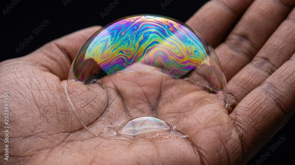 Obraz premium Close-up of a hand holding a large, iridescent soap bubble with a smaller bubble below.