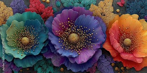 Exquisite 3d digital art of three large decorative flowers with metallic finish and bright neon colors. Modern pop art style floral arrangement for trendy design.