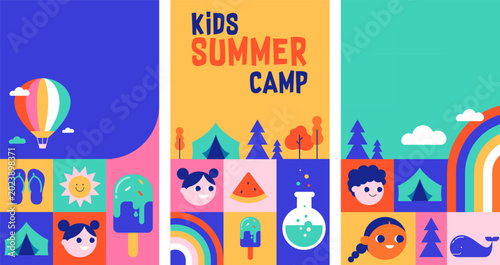 Geometric kids summer camp vertical poster templates with fun activities icons. Colorful summer background vector illustration.