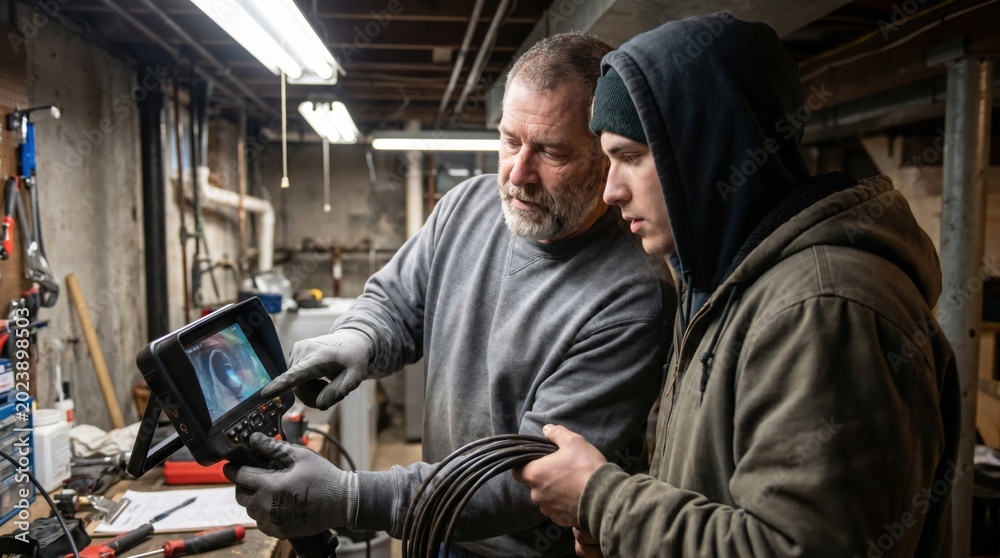 Fototapeta premium Plumber showing apprentice video inspection camera screen while inspecting pipes in basement