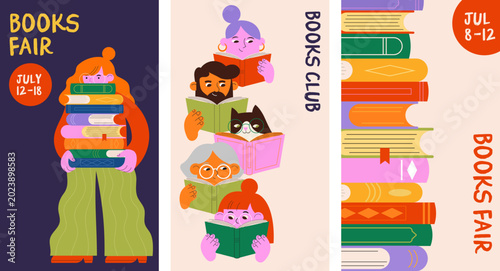 Book club and book fair colorful vertical poster and banner templates. Doodles series for book festival, bookshop and back to school designs