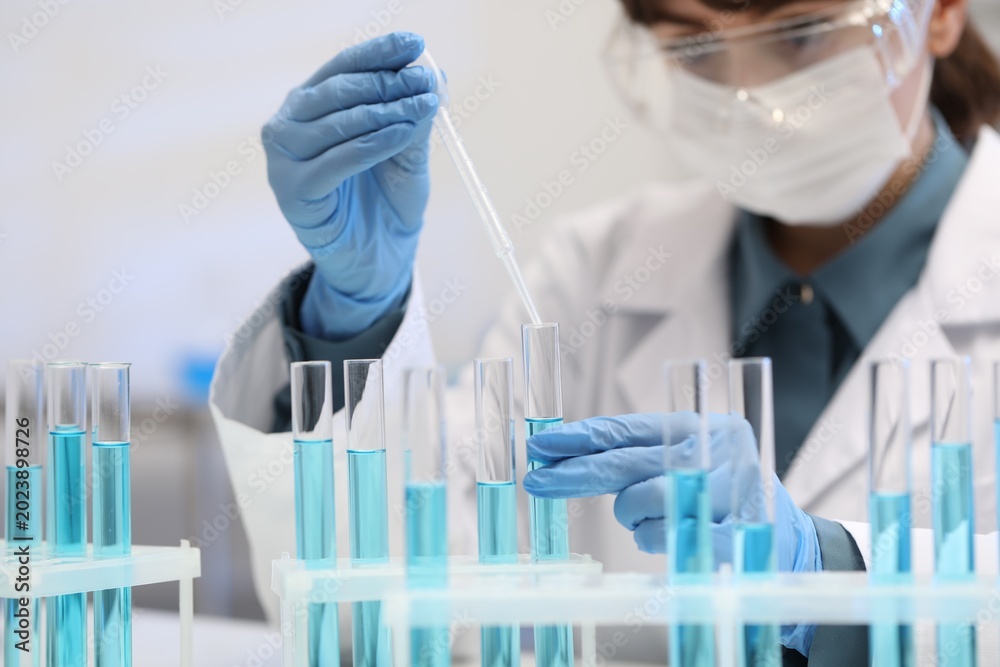 Fototapeta premium Scientist dripping blue liquid into test tube in laboratory, selective focus