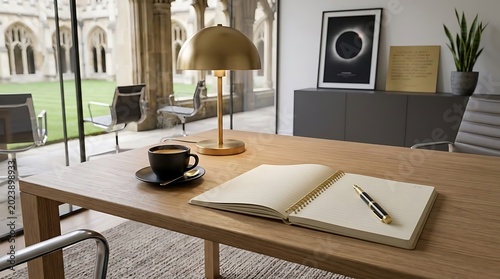 Minimal business workspace with notebook and coffee cup on wooden desk