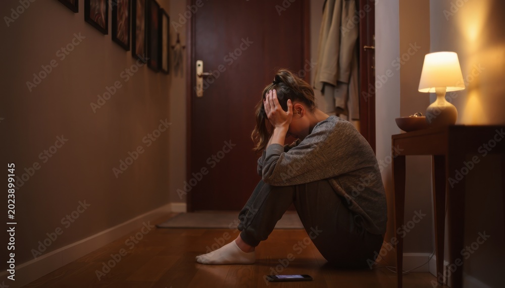 Fototapeta premium Woman Sitting on Floor in Entrance Hallway Feeling Anxious or Stressed at Home