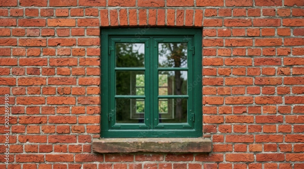 Fototapeta premium Green Window in a Red Brick Wall - A Detailed Architectural View.