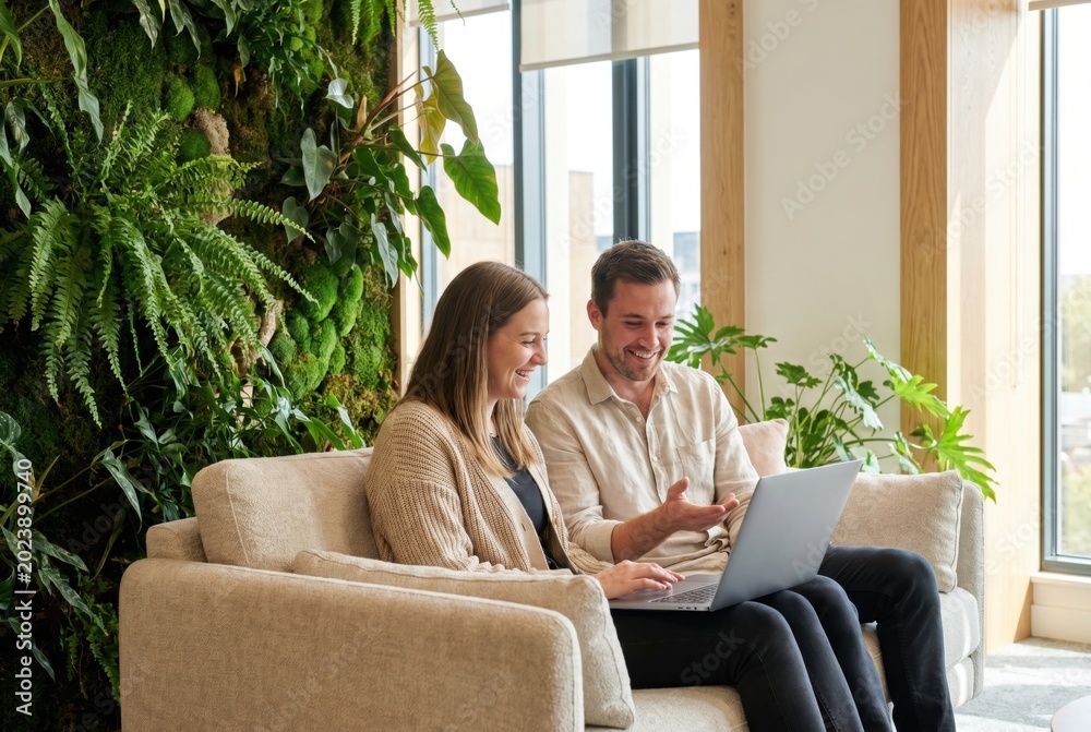 Fototapeta premium Smiling business colleagues looking at laptop screen in modern green office with moss wall