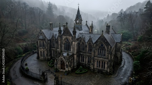 Mysterious Victorian Church in Dense Foggy Forest Setting