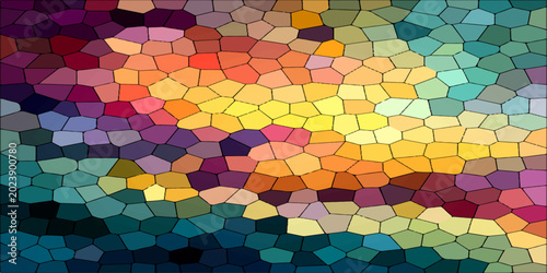Schilderij op canvas A vibrant mosaic of geometric shapes in a harmonious blend of warm and cool colors creates a visually striking abstract background, evoking a sense of modern artistry and design