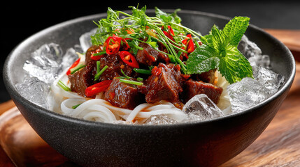 Cold beef noodles with fresh herbs, red chili, and ice cubes, offering a refreshing and savory Asian meal for a hot summer day
