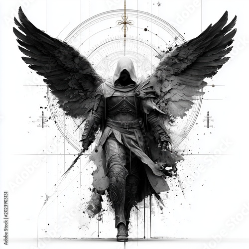 Cinematic portrait of a dark gothic angel warrior with broken wings and glowing red eyes, standing in a mysterious foggy environment for fantasy concepts.