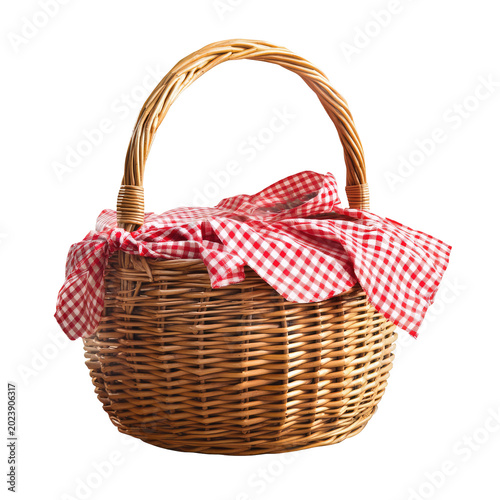 Wicker picnic basket with red and white checkered tablecloth, transparent background