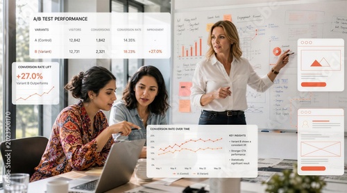 Analytical female business team reviewing and analyzing multivariate testing performance metrics on a whiteboard