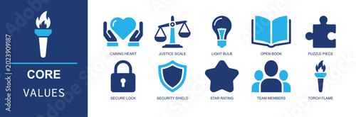Core values icon set. Containing caring heart, justice scale, light bulb, open book, puzzle piece, secure lock, security shield, team members, torch flame and more. Solid fill vector icons.