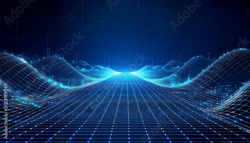 abstract digital technology grid on dark blue background futuristic network connection data transmission lines and geometric polygon structure representing ai iot and big data concepts