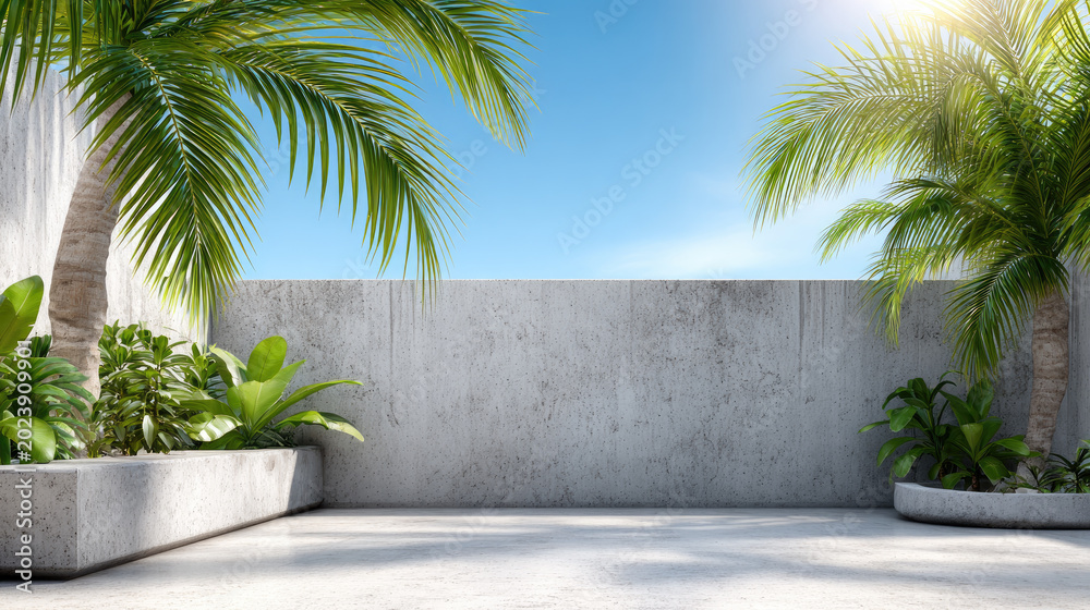 Fototapeta premium Sunlit modern concrete patio with minimalist tropical greenery, palms and planters against a clean wallbright sky, calm spacious backdrop perfect for design and product display