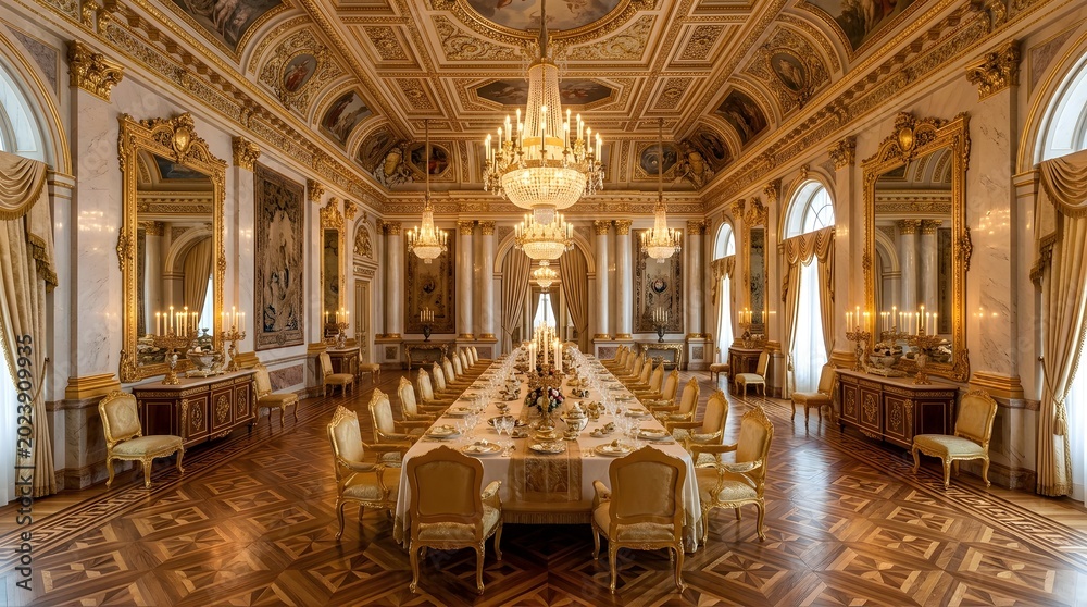 Fototapeta premium Luxurious Grand Ballroom Dining Hall Interior with Crystal Chandelier