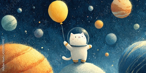 Cute astronaut cat wearing a space suit floating in the cosmos among colorful planets and stars, fun creative science fiction illustration.