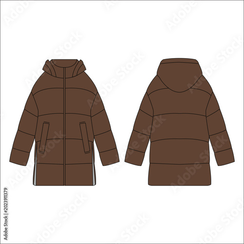 Long quilted down jacket. Padded warm jacket. Vector technical sketch. Mockup template.