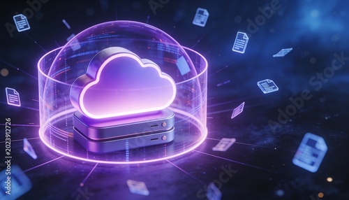 Cloud Storage Violet Energy Shield 3D Render, Translucent Purple Cybersecurity Protection Concept, Encrypted Data Fragments, Dark Cosmic Blue Futuristic Digital Background