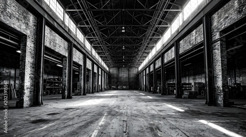 Empty Industrial Warehouse Corridor with Natural Light and Shadows