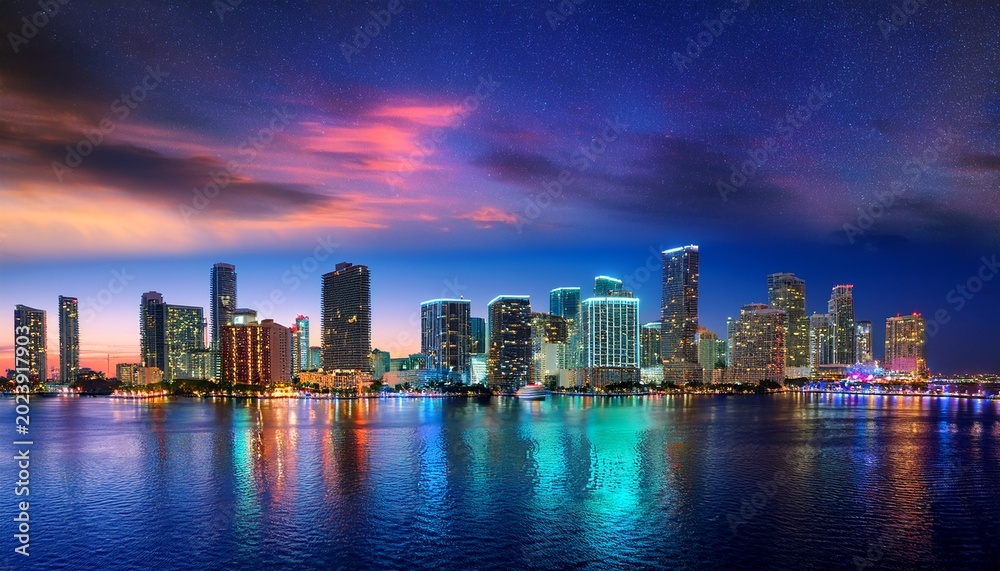 Obraz premium city of miami florida colorful night panorama of downtown