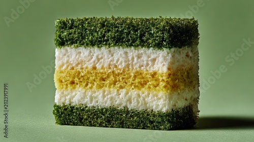 Exquisite Green Layer Cake with Cream Filling — Vibrant Dessert Slice on a Minimalist Green Background