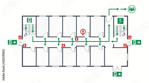 Detailed emergency evacuation plan with green exit routes and icons