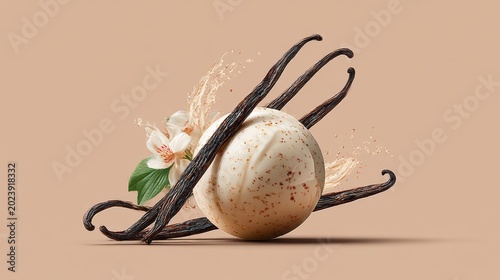 Exquisite Vanilla Sphere Entwined with Vanilla Beans — Glossy Cream Texture Against Soft Peach Background