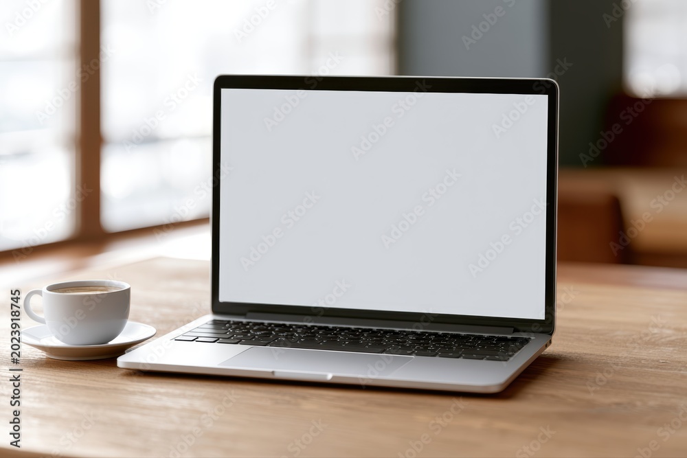 Fototapeta premium Laptop mockup on cozy cafe table with coffee and sunlight entering window