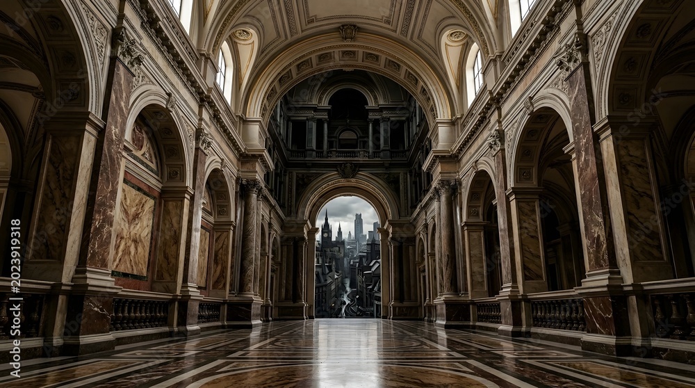 Fototapeta premium Grand European Hallway Architecture View Leading to Cityscape