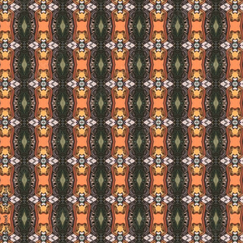 Intricate abstract tribal pattern with earthy orange and green tones. Seamless ornamental texture background inspired by ethnic mosaic and vintage textile art.