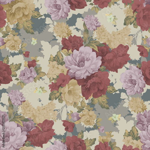 Vintage seamless floral pattern with blooming roses and peonies