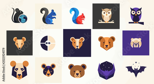 Photography Collection of Diverse Animal Icons and Logos: Bears, Owls, Squirrels, Bat, Mouse