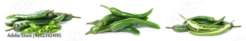 Photos Green chili peppers isolated on white, set