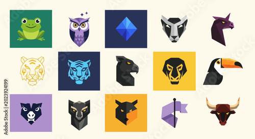 Photography Collection of stylized animal and abstract geometric icons, pixel art