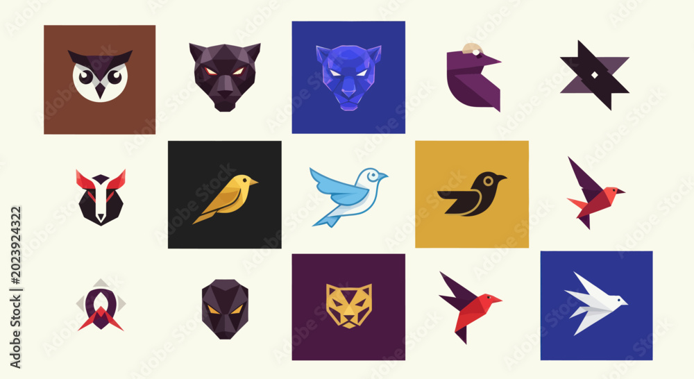 Fototapeta premium Low Poly Animal and Bird Icons Set - Geometric Shapes, Modern Design