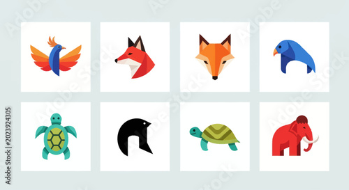 Photos Geometric Animal Icons Set: Fox, Elephant, Bird, Turtle, Phoenix