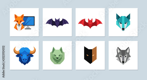 Photography Geometric Animal Icons Set: Fox, Wolf, Bat, Bull, and More