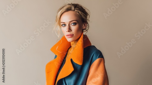 Young woman in colorblock wool coat with orange and teal tones, studio portrait