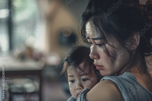 exhausted asian mother with small baby crying at home, stress and overwhelm, postpartum depression concept